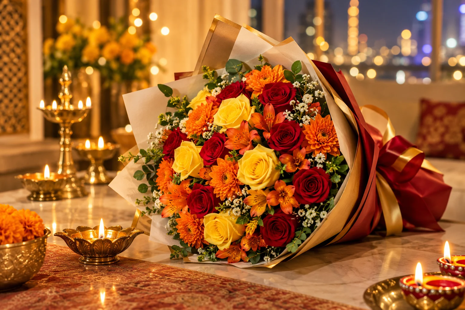 Festive Bouquet and Glowing Diyas